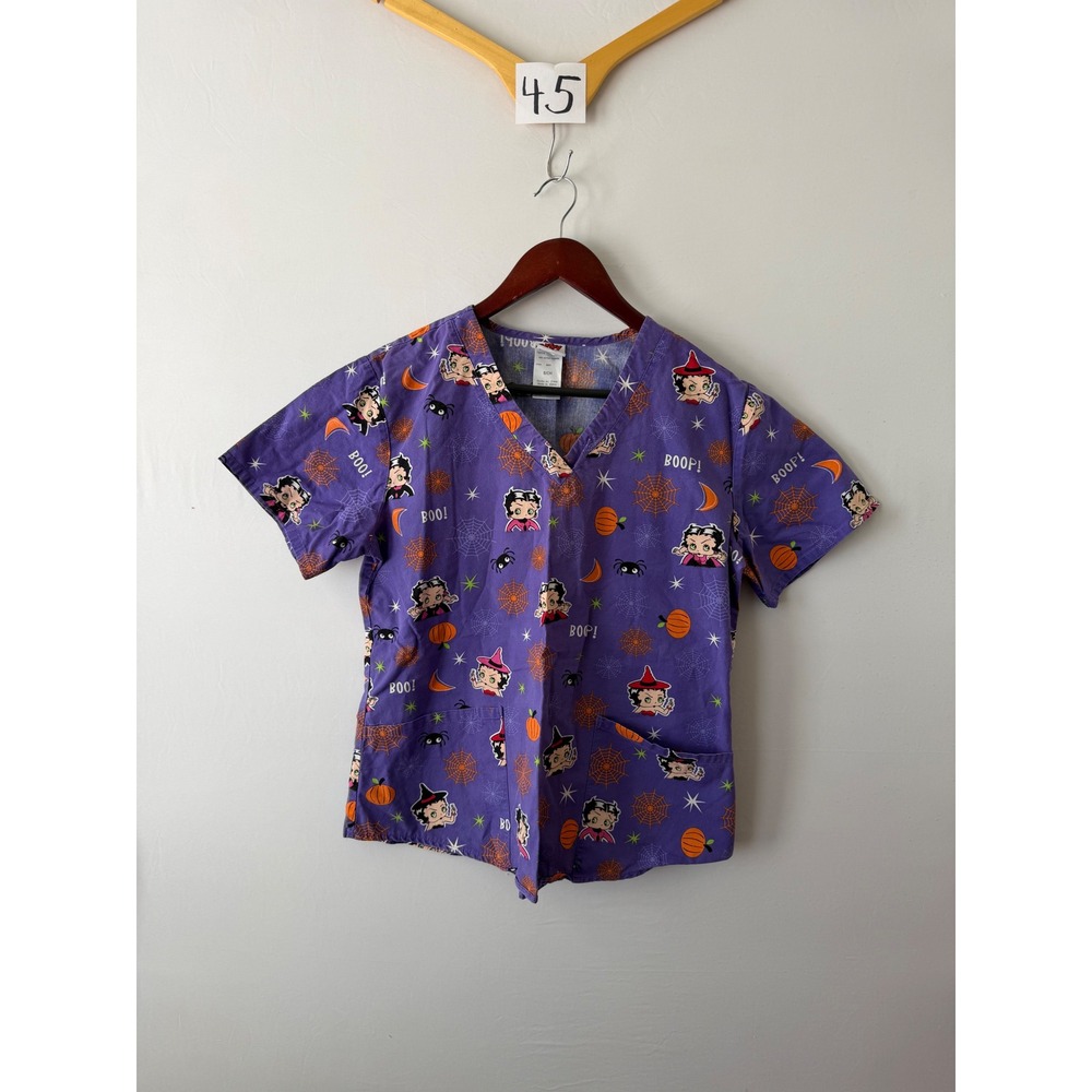 Betty Boop Scrub Top Halloween Graphic Purple Vintage 2009 Women's Size Small S